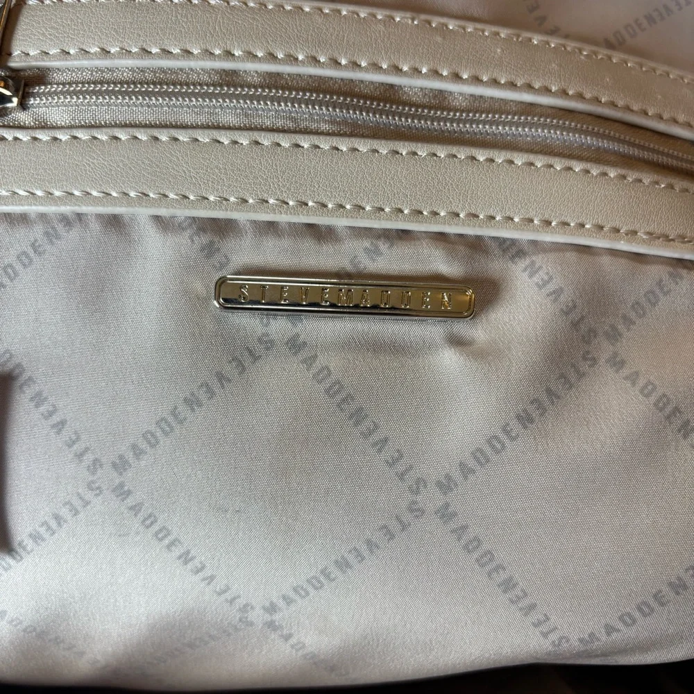 New Steve Madden Backpack Purse, Faux Leather, Silver Hardware, Taupe / Tan